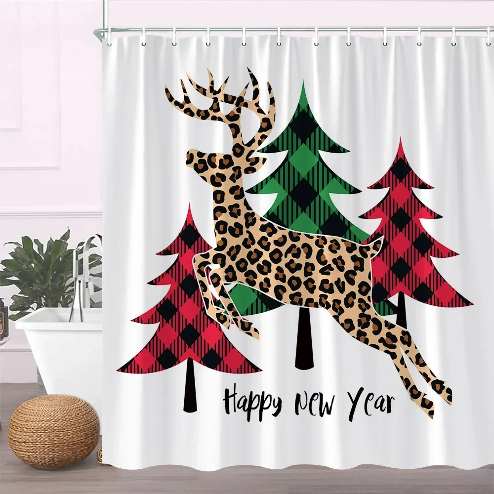 Merry Christmas Shower Curtain Xmas Tree Deer Snowflake Reindeer Pine Trees with Leopard Red Black Buffalo Plaid Bathroom Decor