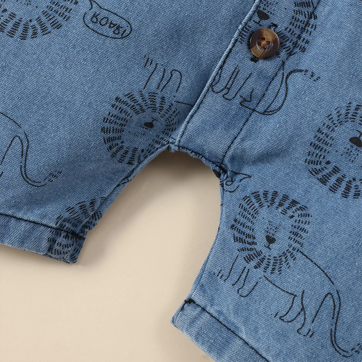 1 Pcs Baby Boy Denim Clothes Cute Cartoon Style Short Sleeves Lion Print Romper