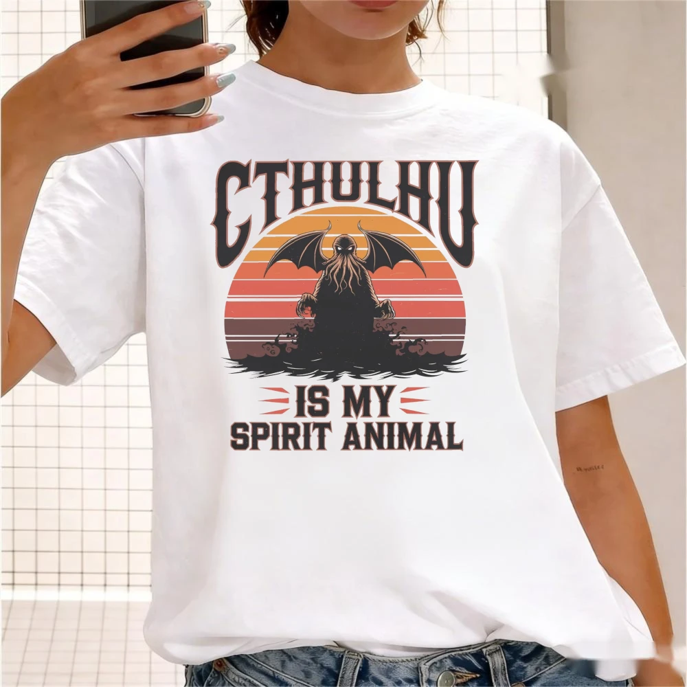 Cthulhu Is My Spirit Animal Graphic TShirt Retro Sunset Stripes Orange Brown Cthulhu Mythos Printed Tee Men Unisex Summer Tops