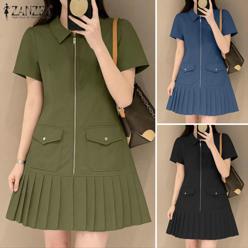 Stilvolles Sommer-Minikleid von ZANZEA für Damen, Reverskragen, kurze Ärmel, plissiertes Sommerkleid mit Reißverschluss, elegante, einfarbige OL-Arbeitskleider