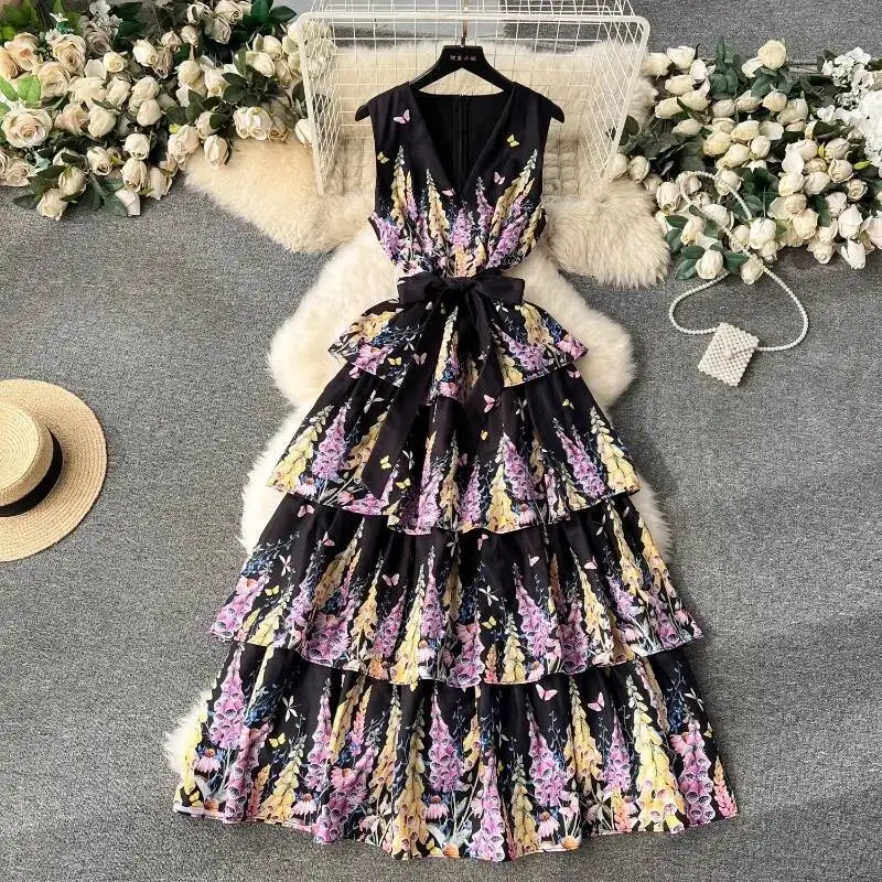 

BabYoung Elegant Gentle Print Dress For Women Y2k Lace Up Slim Waist Ruffles Cake Dresses Spring New Sleeveless Vestidos Mujer