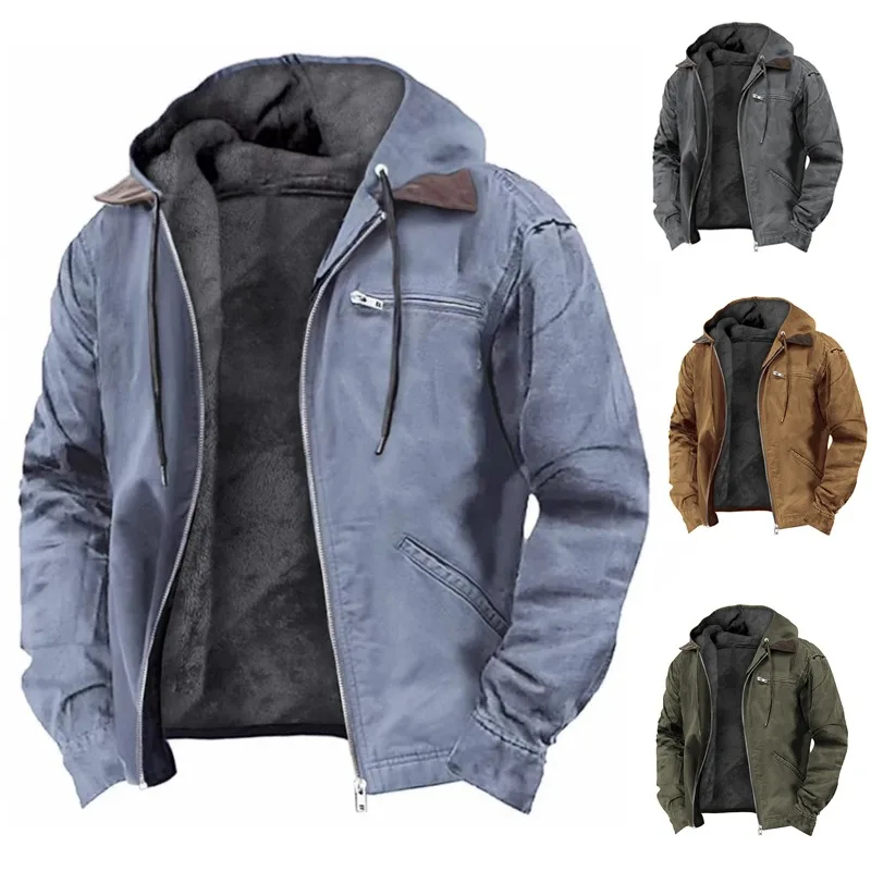 Men's Autumn Winter Casual Hooded Zipper Solid Fleece-lined Warm Jackets Male Multi Pockets Outdoor Hoodies Coats Outerwear