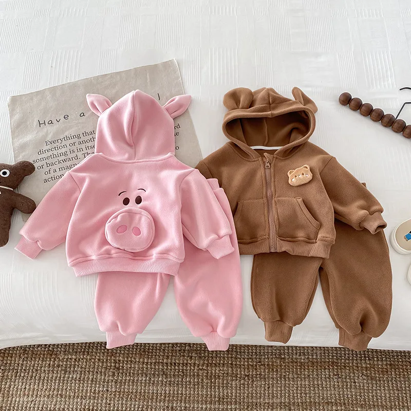 UNIFEMEN 0-3 Years Baby Girls 2PCS Winter Clothes Set Hooded Pocket Cartoon Hoodies Solid Velvet Pants Suit Infant Girls Outfit