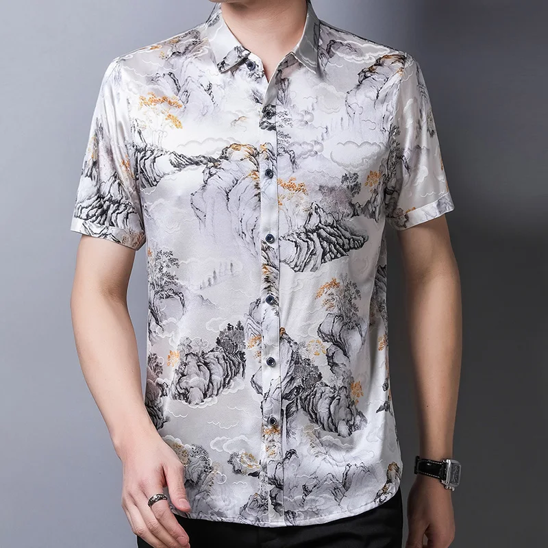 Landscape Print Shirts For Men Short Sleeve Mulberry Silk Casual Summer Icy Quality Soft Comfortable Easy Care Camisas De Hombre