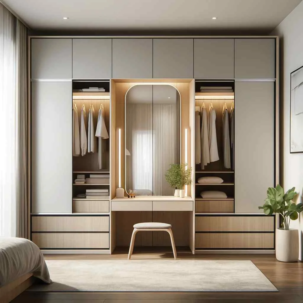 

High-end Modern Modular Wood Grain Wardrobe Custom Metal Stainless Steel Wardrobe Cabinet With Mirror