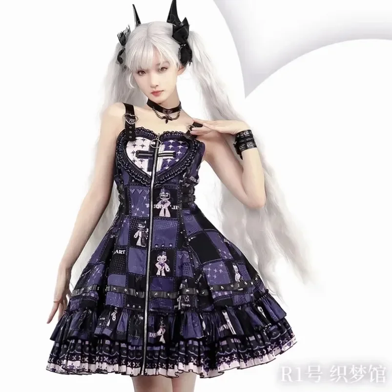 

New Purple Black Cartoon Printed JSK Summer Lolita Short Dress Sweet Cool Girl Women's Y2K Zipper Suspender 2025 Dresses