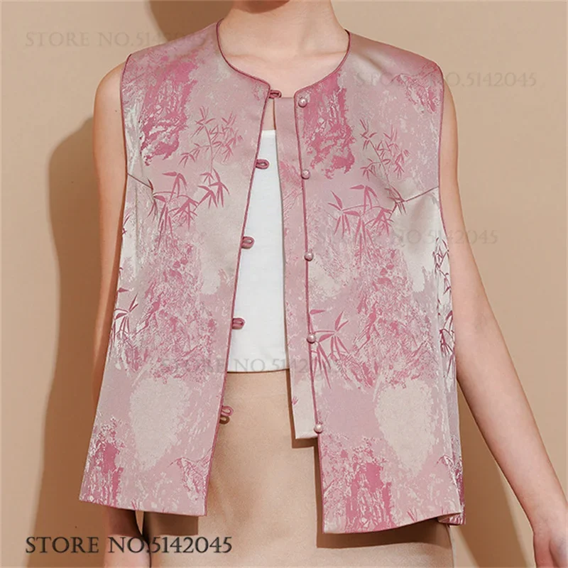 

Jacquard Buckle Qipao Vest Coat New Chinese Style Tang Clothes Tops Spring Summer New Women Costumen Sleeveless Jacket Outwear