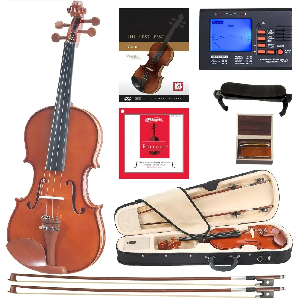 

Violin with Dario Prelude String - Solid Wood Natural Varnish Violin Suitable for Beginners - Including Tuner, Case, and 2 Bows