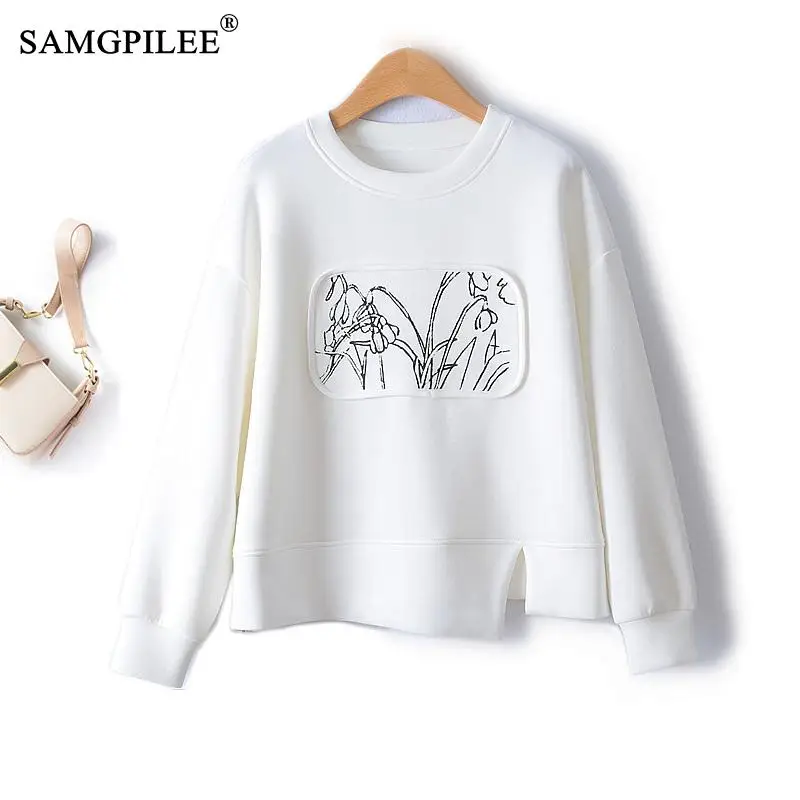 

Chinese Style Women Sweatshirts 2023 Autumn Ink Painting Patch Short Air Cotton Hem Slit Pullover Tops Women Statue Outer 4XL