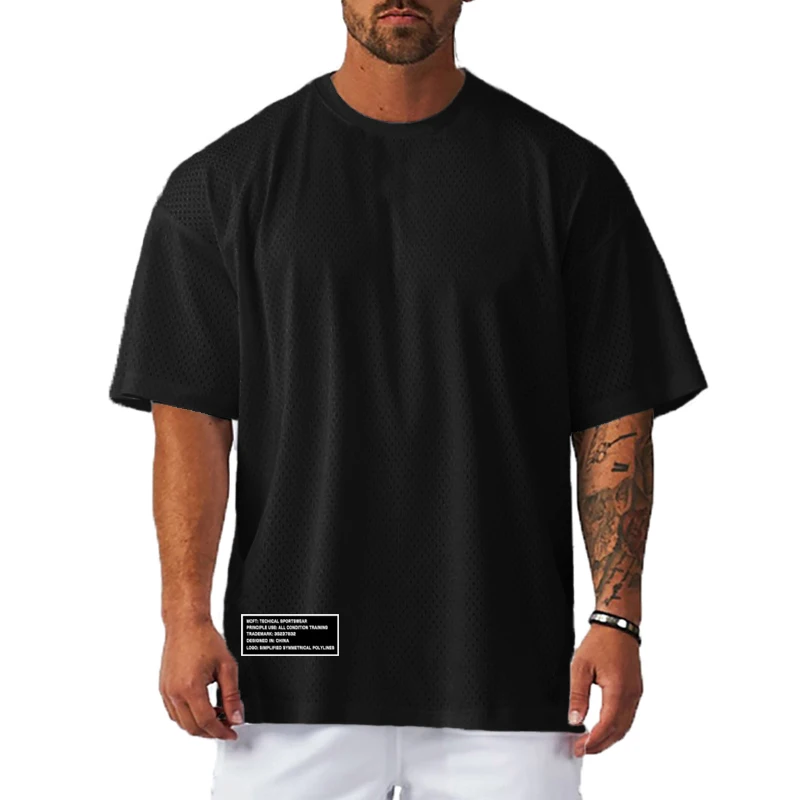 Oversized Fitness Mens Tops Dropped Shoulders Loose Breathable T-Shirt Short Sleeve Summer Mesh Quick Dry Gym Bodybuilding Shirt