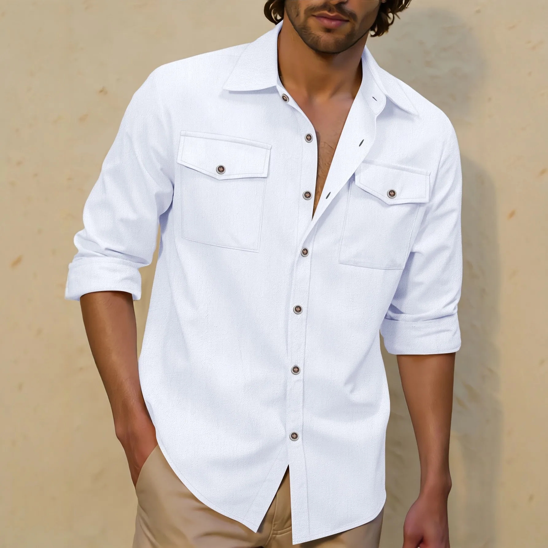 2026 Spring and Autumn New Men's Linen Shirt Long Sleeve Casual Solid Color Lapel Loose and Versatile
