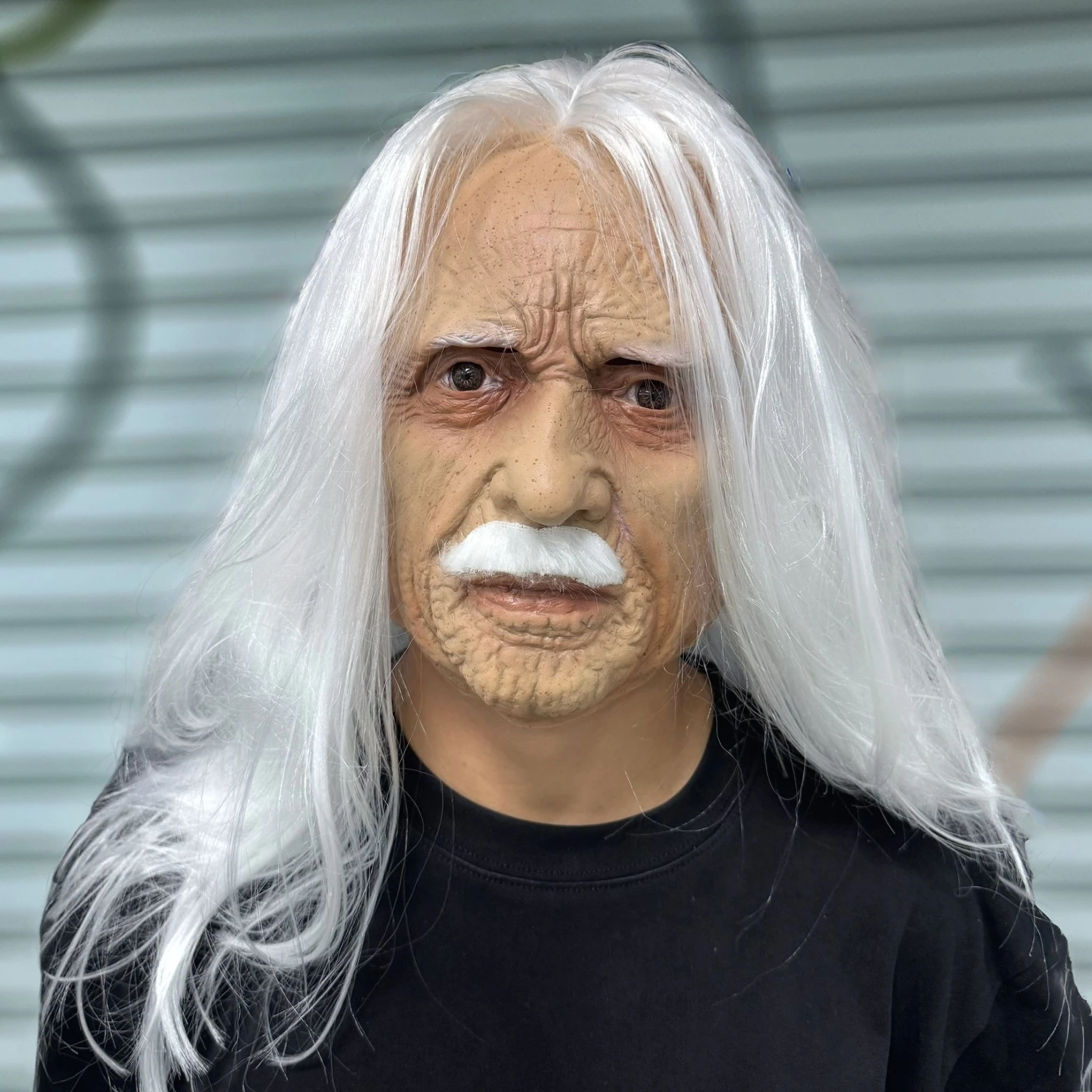Máscara de látex realista para anciano con pelo largo blanco y bigote – Casco de cosplay de cabeza completa para accesorios de fiesta de disfraces de Halloween