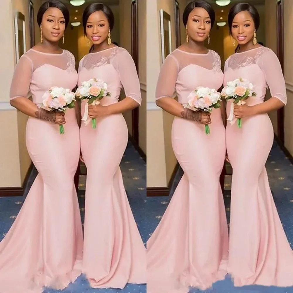 Blush Pink Mermaid Bridesmaid Dresses African Nigerian Sleeved Sheer Lace Collar Plus Size Bridesmaid Wedding Guest Dresses