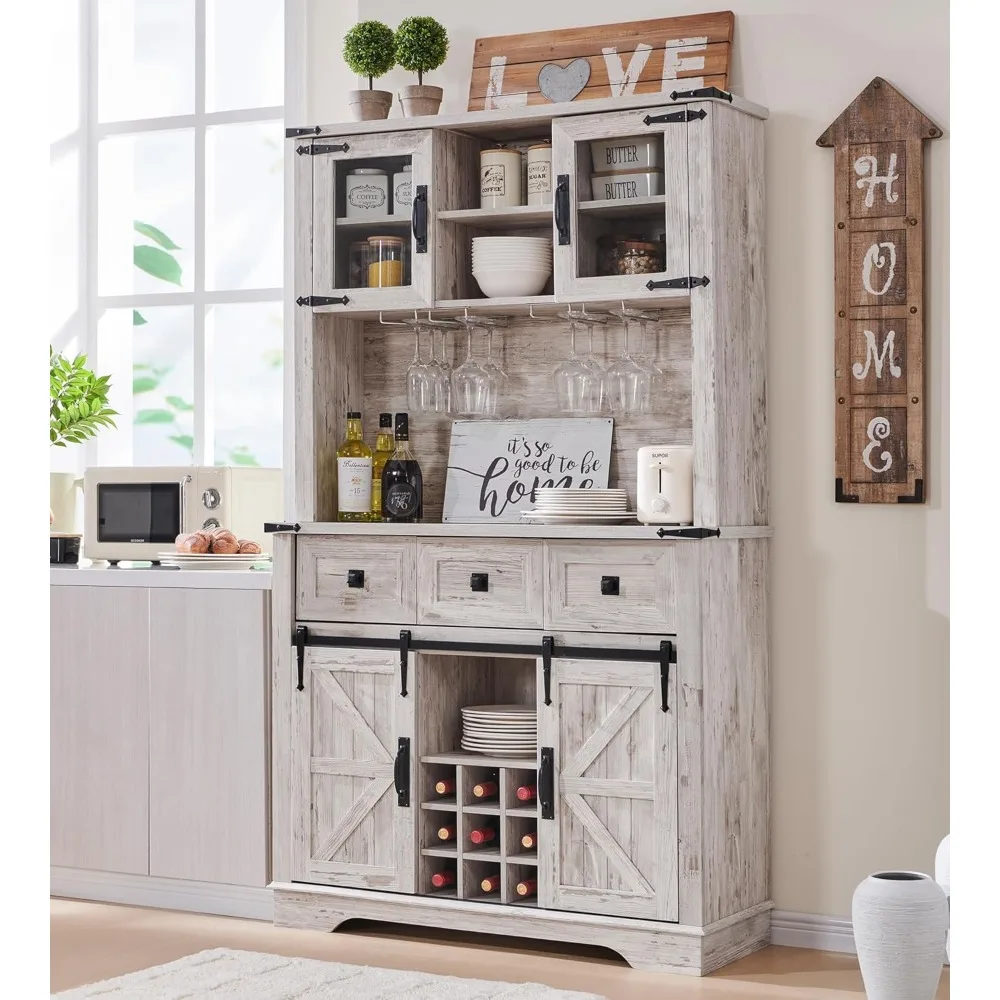 

72" Farmhosue Bar Cabinet with Sliding Barn Door, Kitchen Buffet with Hutch W Storage Shelves, Rustic Coffee Bar Sideboard Table