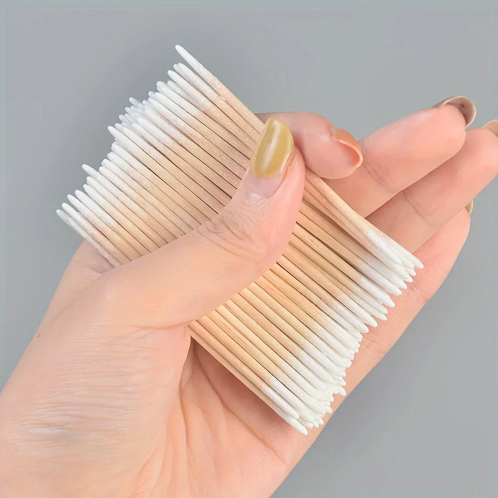 100-500pcs Wooden Tip Cotton Stick Multi-Purpose Long 7cm Semi Permanent Embroidered Cotton Swabs with Wooden Handle Tip