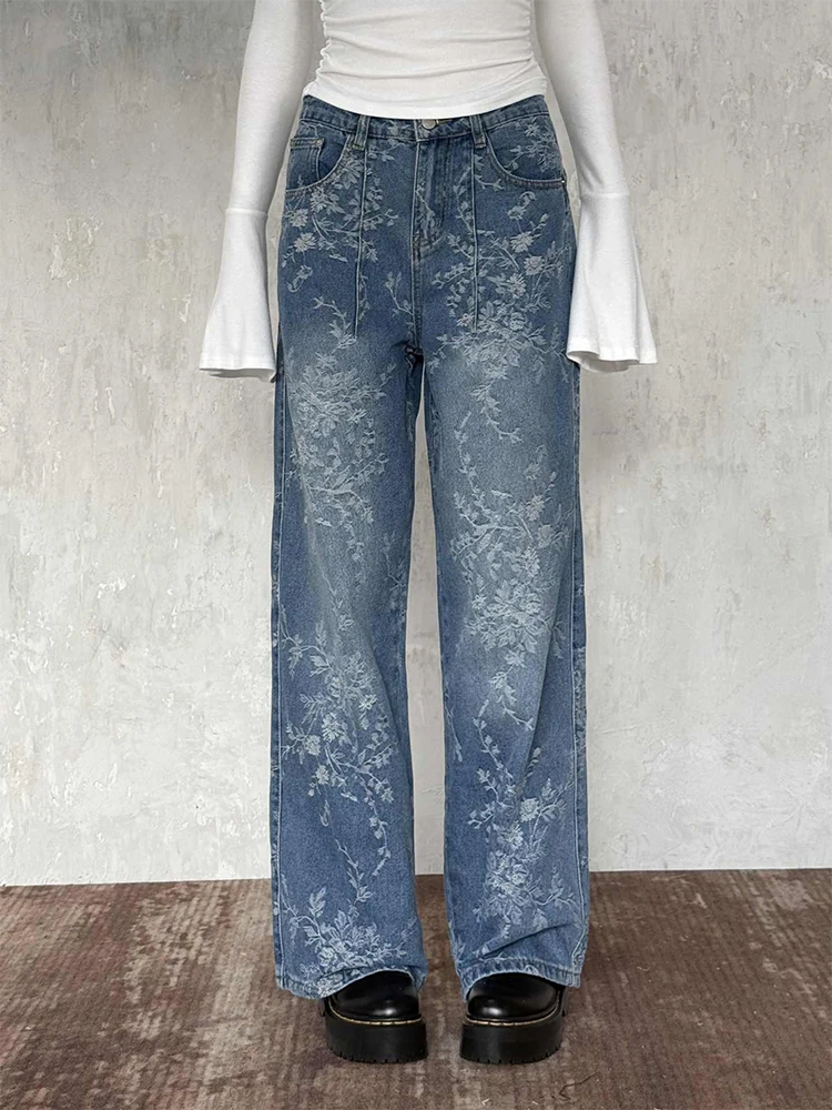 

Осень-зима 2022, женские джинсовые брюки с цветочным узором, эстетические прямые джинсы Y2K, винтажные Y2k, японский ковбойский стиль Harajuku, новинка