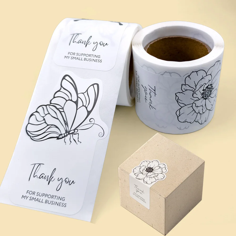 100pcs/roll Butterfly Flower Thank You Stickers for Small Business Decals for Gift Wrap Mail Envelopes Shipping Supplies