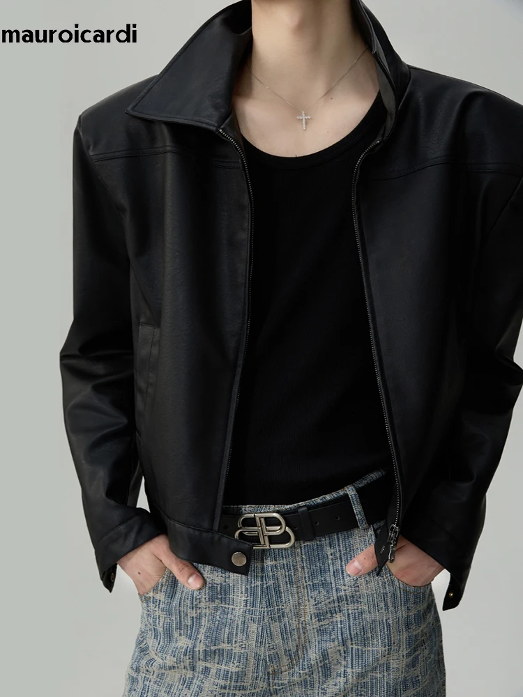 Mauroicardi Spring Autumn Handsome Cool Short Matte Black Vintage Pu Leather Jacket Men Zipper Luxury Designer Clothes 2024