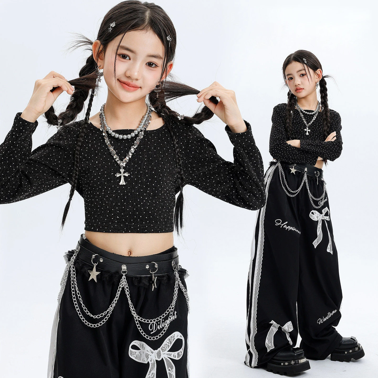 

Детская одежда в стиле K-pop и хип-хоп: черная укороченная футболка с длинным рукавом и стразами, повседневные брюки в полоску с кружевом для девочек, костюмы для уличных танцев