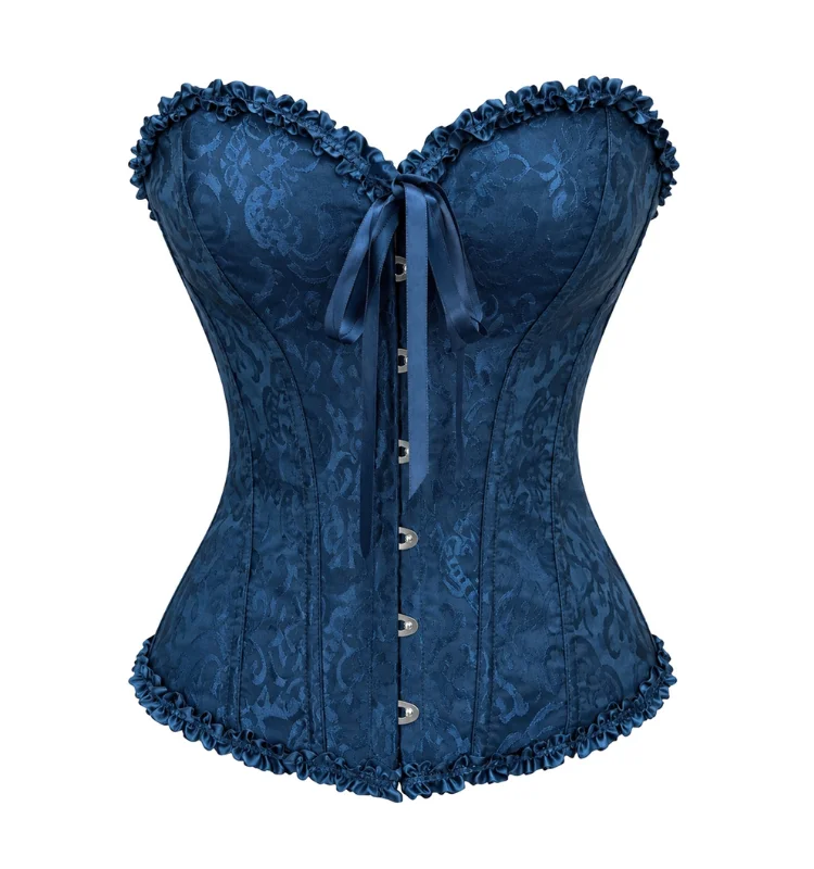 Damen-Overbust-Korsett, Vintage-Jacquard, Rüschen, Schleife vorne, Busk hinten, Schnürung, Taillenformer, Freizeit-, Party- und Alltagskleidung – Detail 11