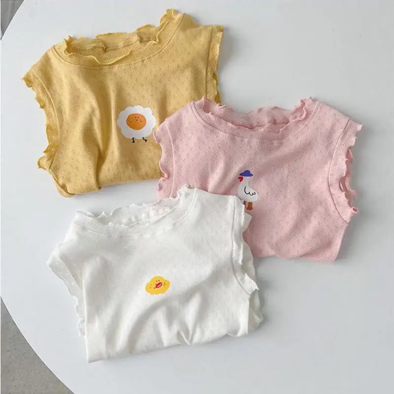 

2026 Summer New Girls Cute Cartoon Sleeveless T Shirts Baby Girl Hollowed Out Lace Vest Cotton Kids Thin Breathable Tops
