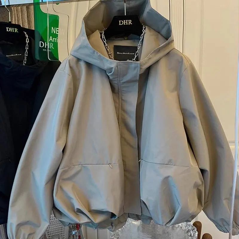 

Весенне-осенний женский тренчкот, новая однотонная свободная короткая куртка с капюшоном, повседневная верхняя одежда для женщин, уличная тактическая куртка