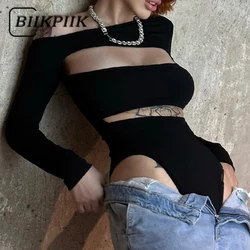 BIIKPIIK Hollow Out Bodysuits Sexy Long Sleeve Slim Fit Solid Rompers For Women Fashion All-match Casual Tops Club Style Outfits