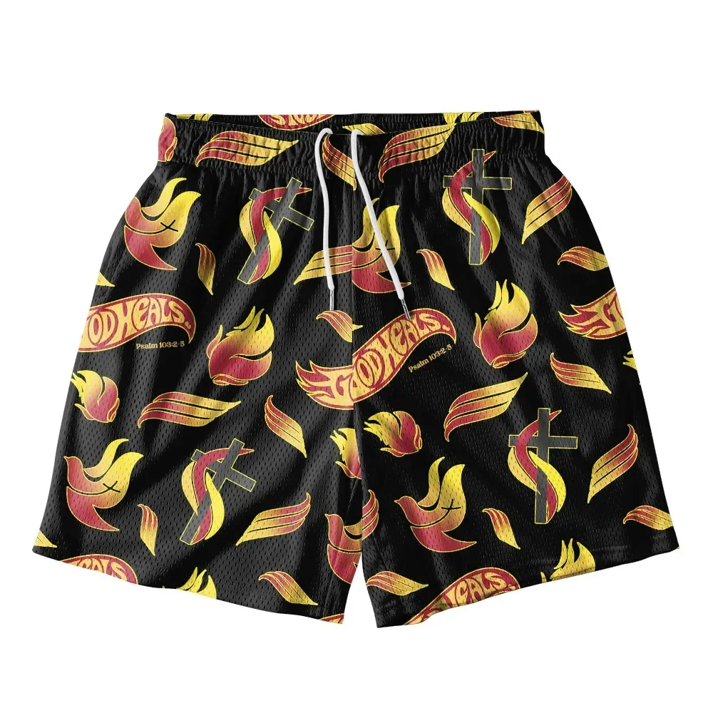 God Heals Christian Mesh Shorts Retro American Style Religious Symbol Print Men's Casual Shorts Summer Breathable Quick-drying