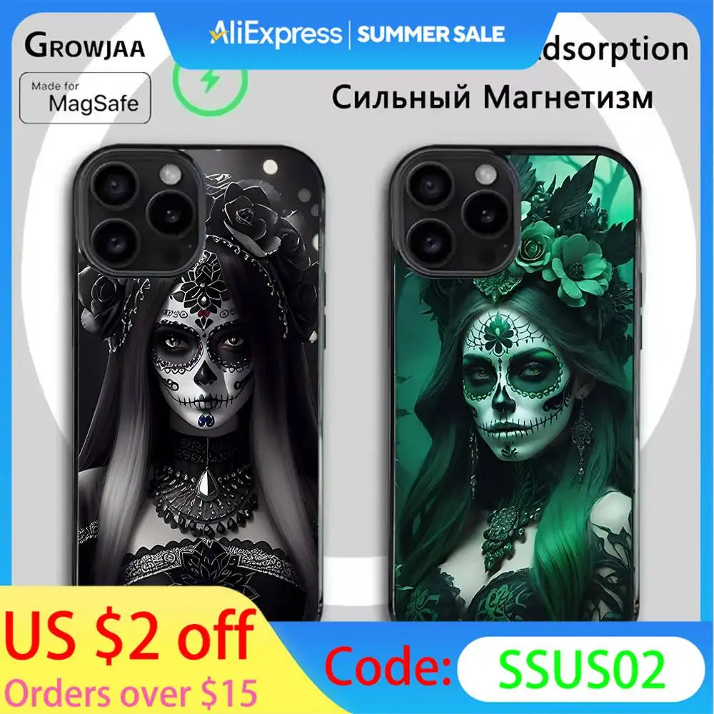 

Mexican Catrina Skull Girl Phone Case For iPhone 16e,16,15,14,13,12,11,Plus,Pro,Max,Mini Magsafe Magnetic Wireless Charging