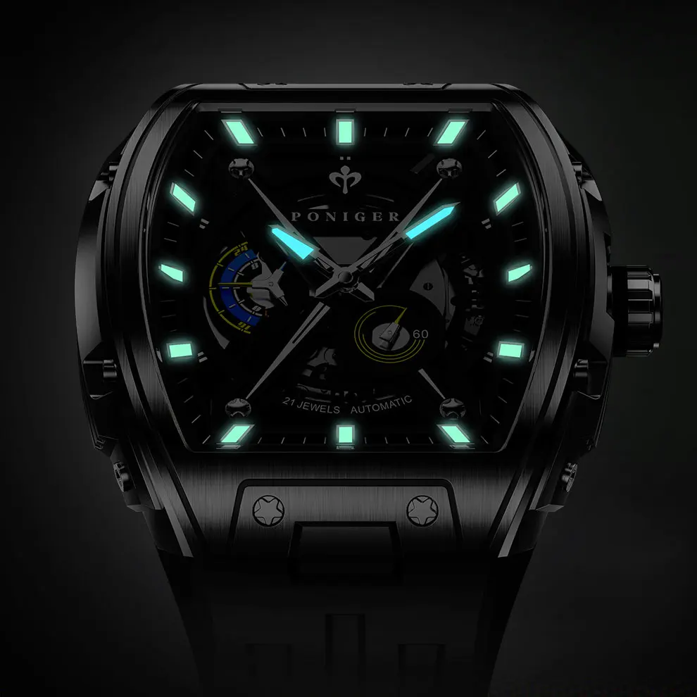 PONIGER Top Brand Design Automatic Movement Mechanical Men's Watches Fashion Multi-Function Stainless Steel Waterproof Men Watch