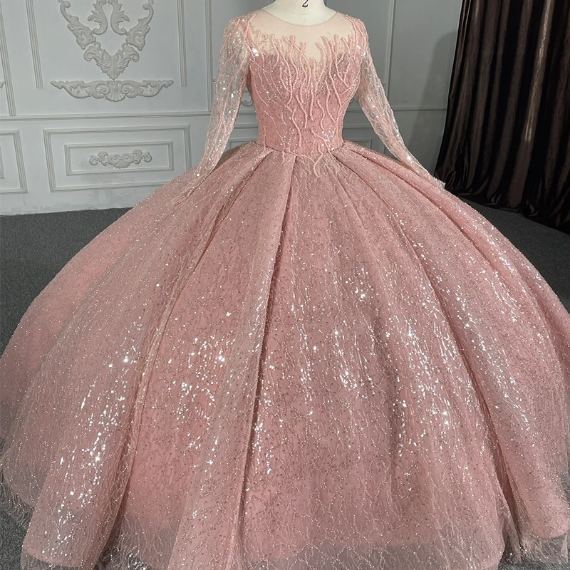 Elegant โรแมนติกสีชมพู Quinceanera O-Neck Organza รูปแบบแขนยาวชั้น Robe Soirée Femme Chic