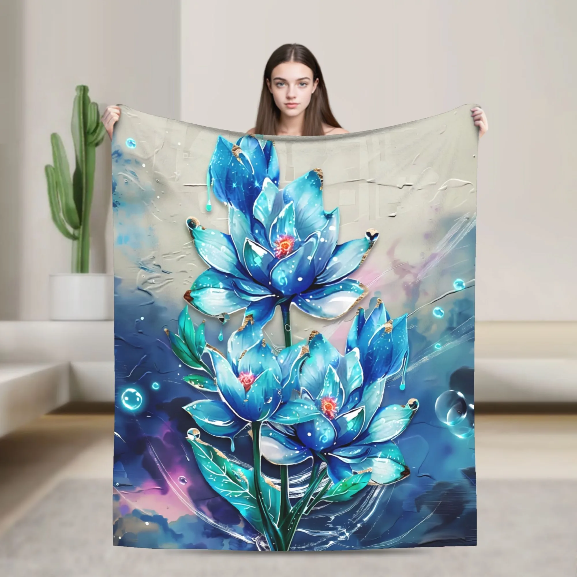 

Enchanted Blue Lotus Throw Blanket - Vibrant Artistic Floral Pattern Cozy Sofa Bed Cover for Dreamy Modern Home Decor