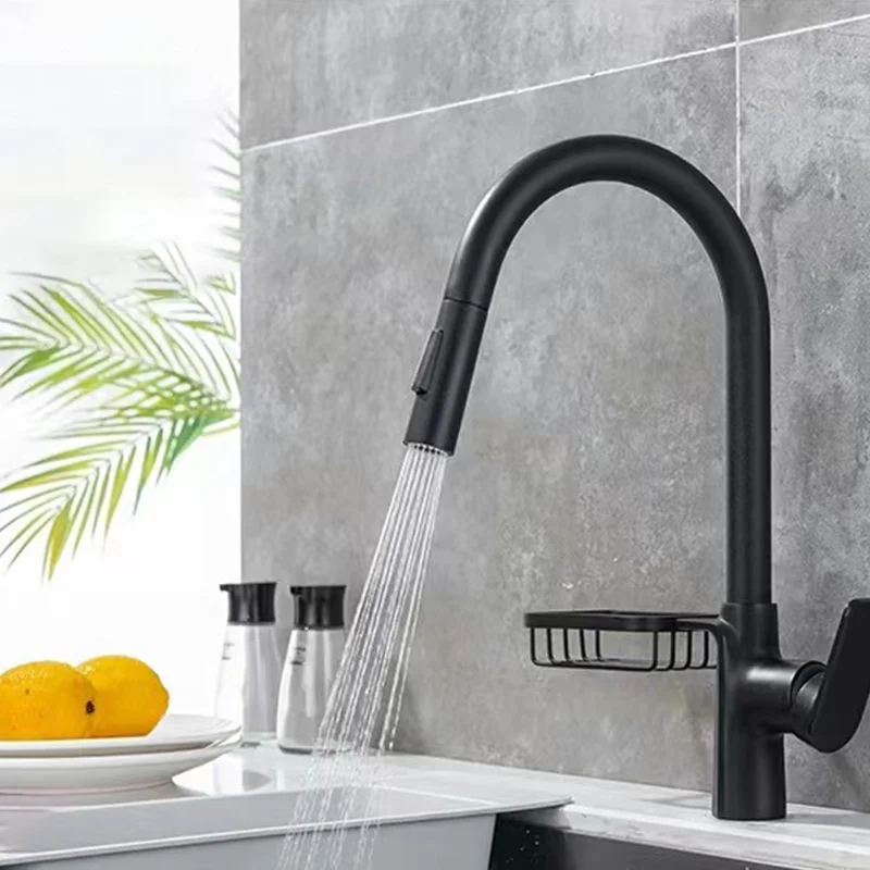 Contemporary Design Kitchen Accessories Hot and Cold Water Mixing Sink Faucet with Storage Basket Kitchen Pull-out Washbasin Tap