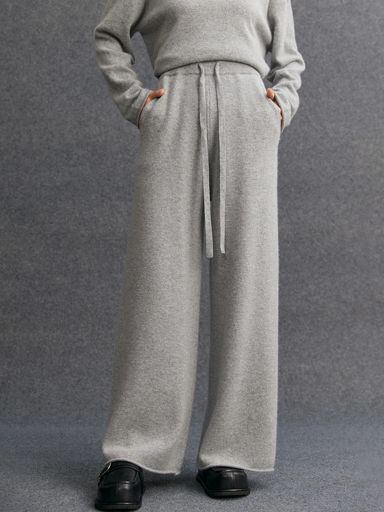 Женские трикотажные брюки из 100% кашемира, толстые плиссированные широкие брюки, осень-зима, повседневные кашемировые трикотажные брюки в простом стиле