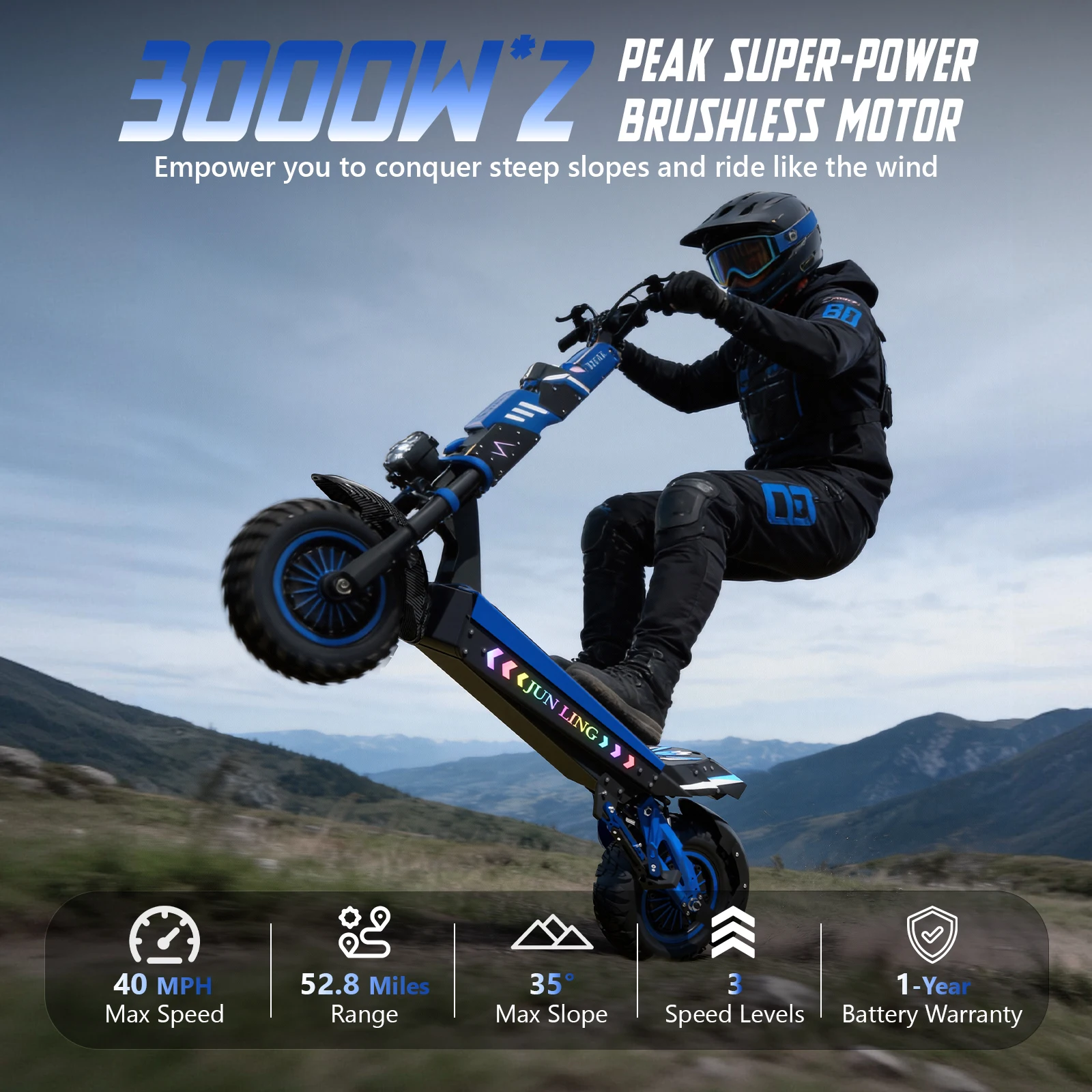 JL80 Off-Road Electric Scooter 6000W Dual Motor 60V30Ah Battery 40Mph Max Speed 52Mile Long Range 12‘’All-Terrain Tire Front & Rear Hydraulic Disc Brakes E-Scooter
