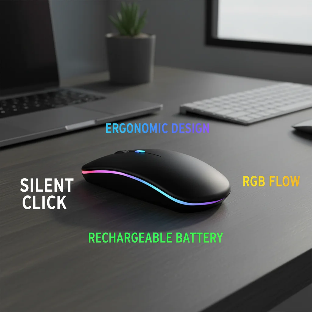 Mouse sem fio recarregável com modo duplo 2.4G/Bluetooth, design ergonômico silencioso RGB, mouse para jogos para escritório, laptop, computador, pc