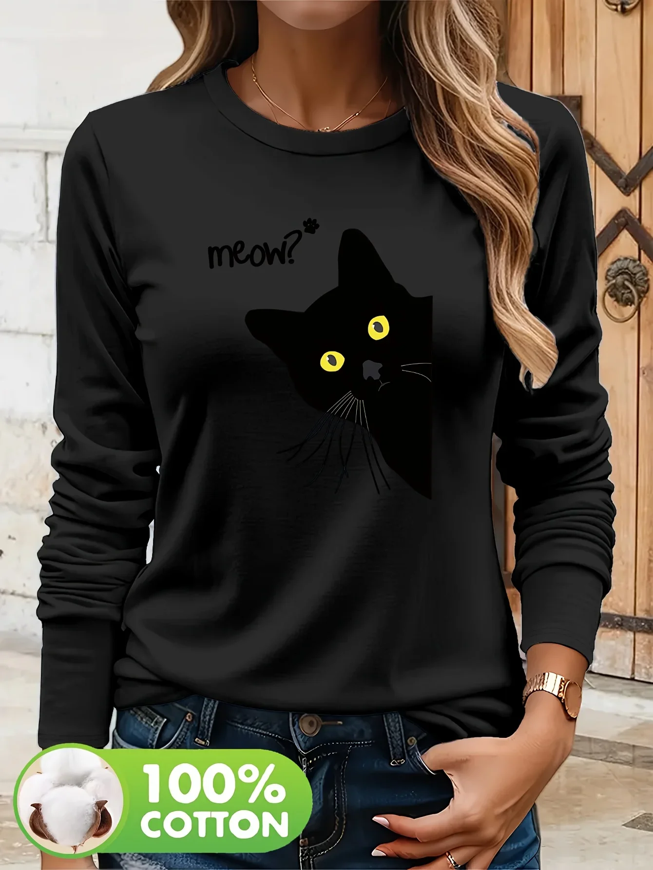 Trendy Cartoon Cotton Long Sleeve T-Shirt Black Cat Graphic Soft Everyday Basic Top Tee Women Funny Long-sleeved T Shirt