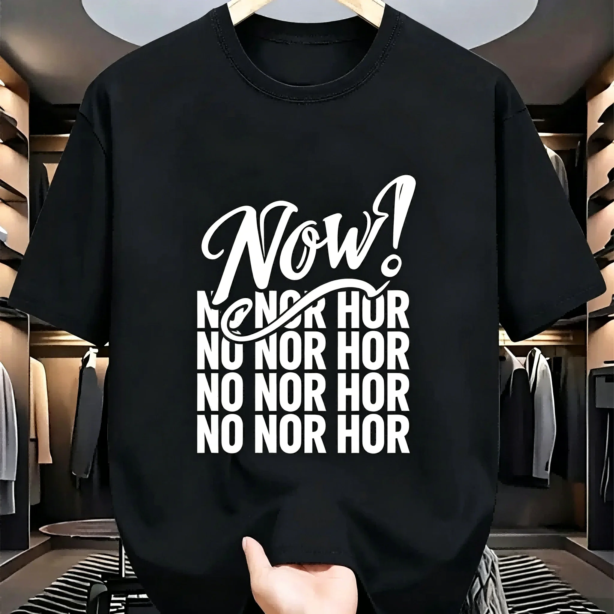 Camiseta negra de algodón con estampado de letras Now No Nor Hor para hombre, camiseta gráfica con tipografía moderna, ropa informal de calle, camisetas de manga corta