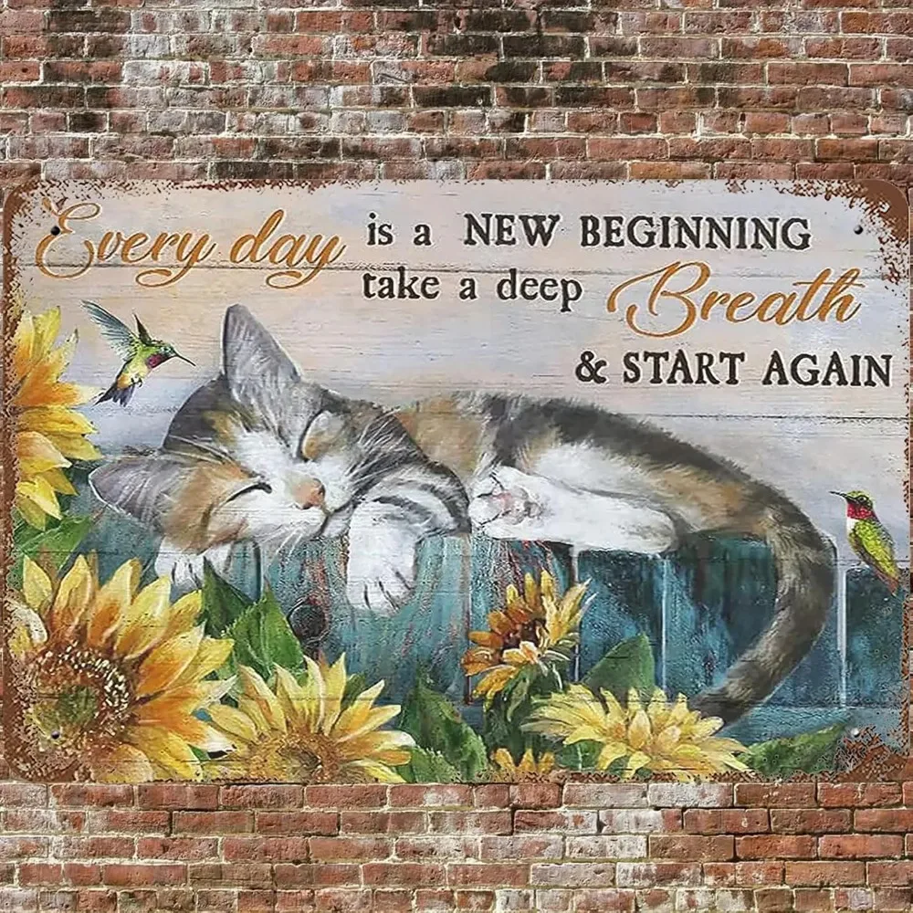 Aluminum Metal Sign Vintage Plaque, Sleeping Calico Cat Sunflower Hummingbird Inspirational Print Distressed Wall Ornament