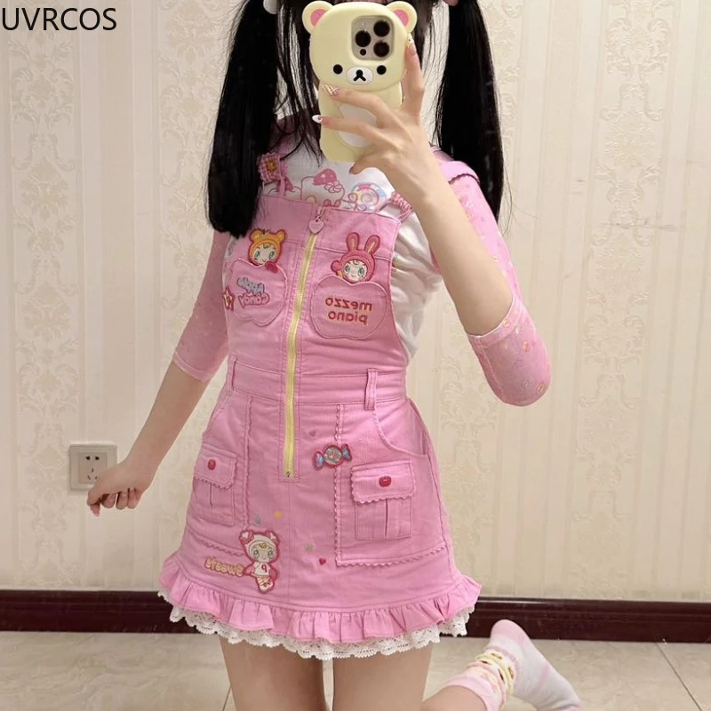 Sweet Lolita Style Strap Dress Women Cute Bunny Cartoon Embroidery Kawaii Party Mini Dress Female Korean Fashion Princess Dress