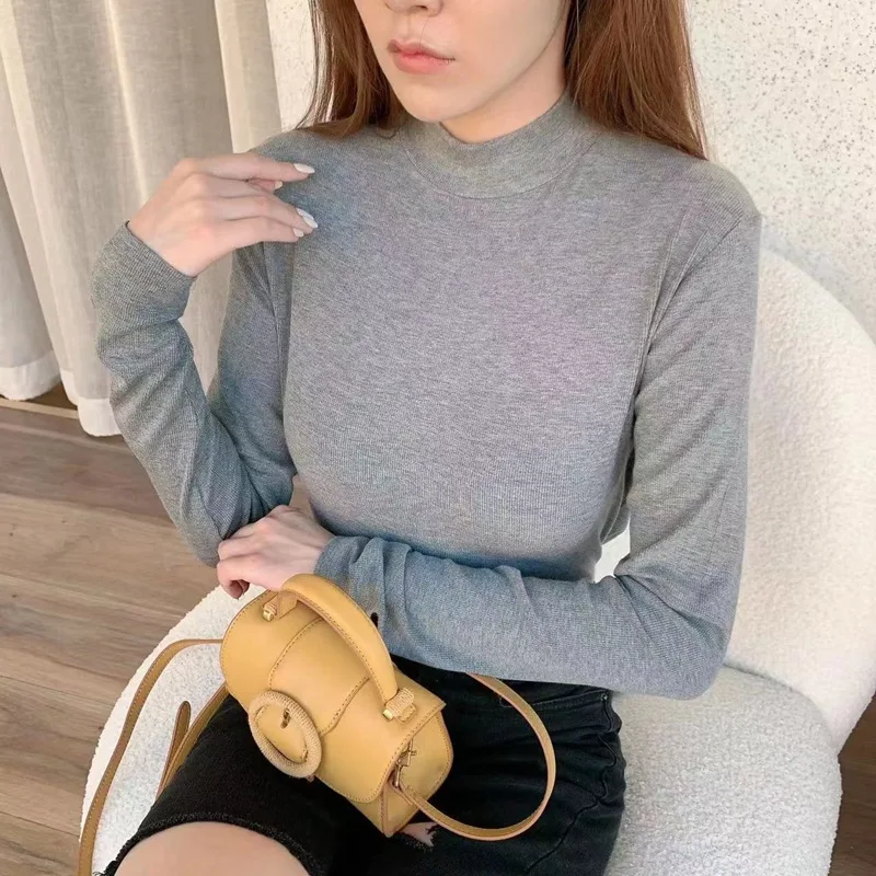 Rib Cotton Bottoming T-shirt Women Autumn Winter Mockneck Tshirts long sleeves Slim Fit Tee Tops solid color all match