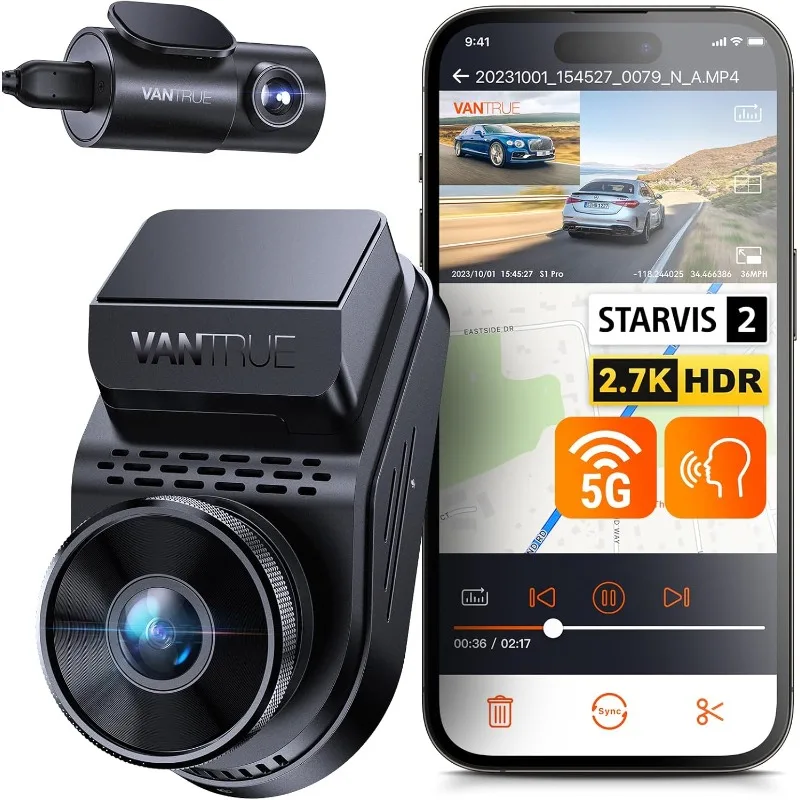 S1 Pro 2.7K front and rear 5G WiFi dual dash cam, STARVIS 2 HDR night vision, optional remote preview hidden dash cam