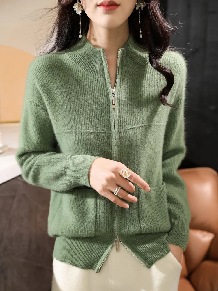 Autumn And Winter New Korean Style Collar Wool Cardigan Women\'s Loose Lazy Style Long-sleeved Zipper Casual Knitted Top Jacket