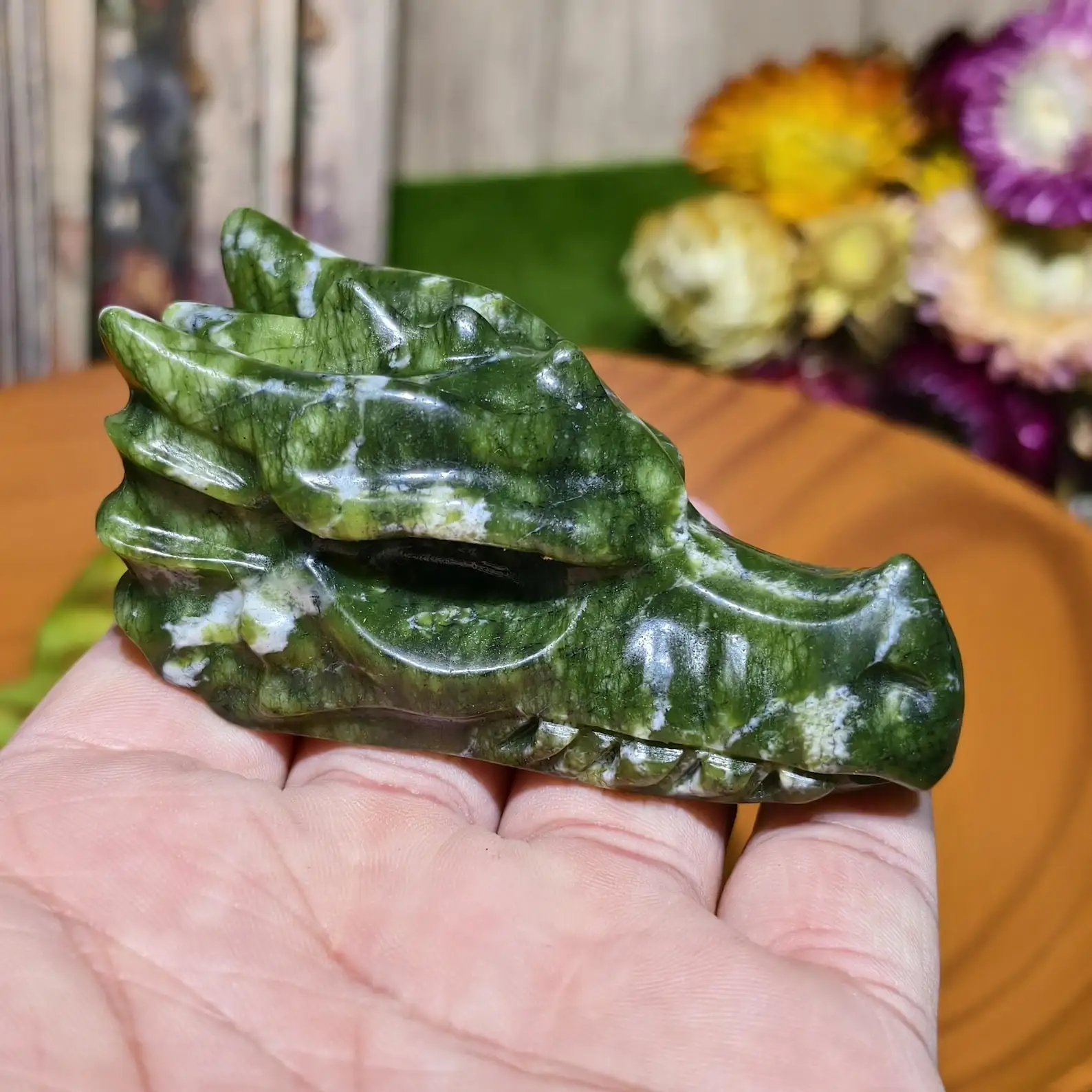 1pc Handcrafted Green Jade Dragon Skull Figurine, Crystal Carving,Elegant Natural Stone Decor for Home & Office