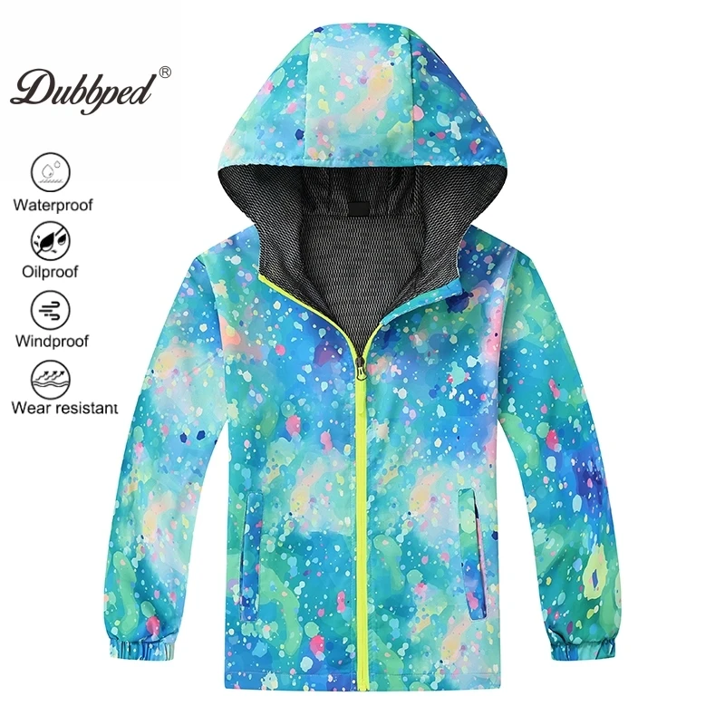 Dubbped Kids Girls Boys Graffiti Graphic Hooded Jacket Waterproof Windproof Zipper Coat Kid Spring Clothes 4-12Y