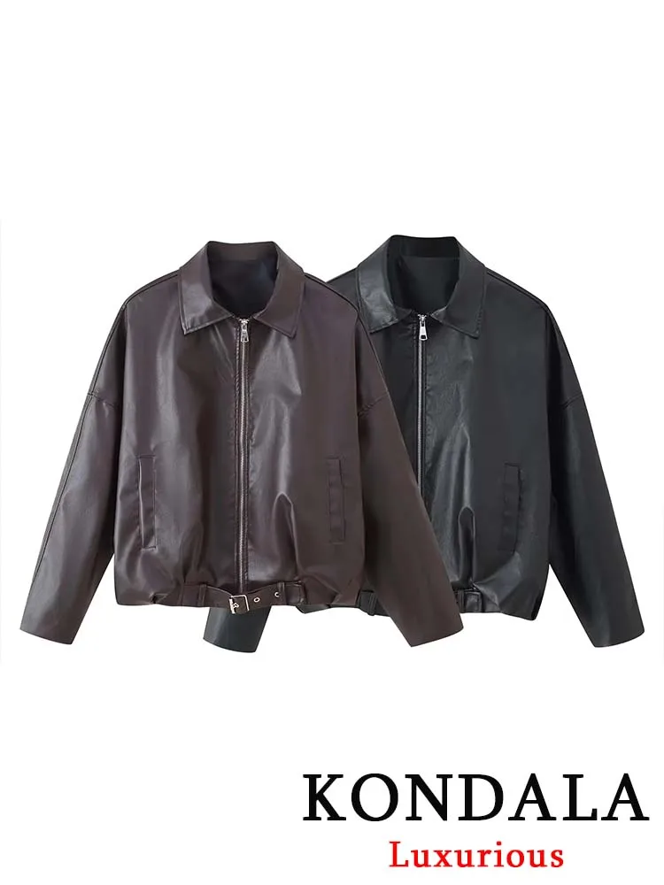 

KONDALA винтажные повседневные женские однотонные куртки с отложным воротником и длинными рукавами на молнии с поясом и карманами, пальто, модная осенняя верхняя одежда 2025 г.