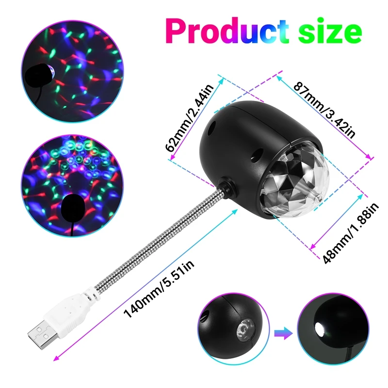 مصباح كرة ديسكو USB، لمبة حفلات إضاءة المسرح LED الملونة RGB مع ضوء كتاب 3 وات، تعمل بمنفذ USB (أسود)