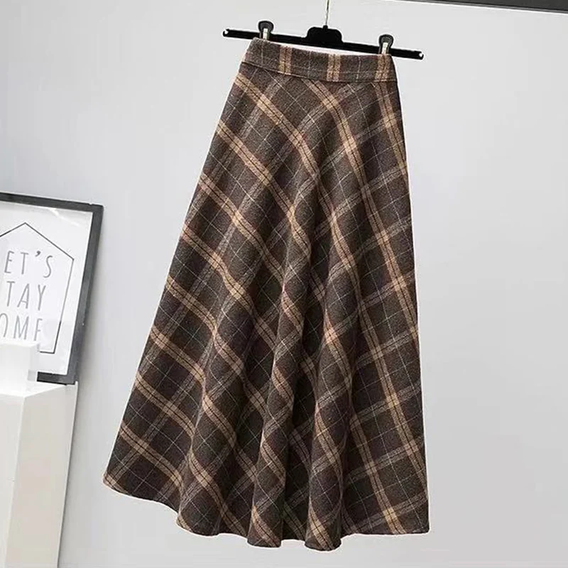 Rimocy Autumn Winter Woolen Skirt Women 2023 Korean Style Thick High Waist Long Skirt Woman A Line Pleated Plaid Skirt Female