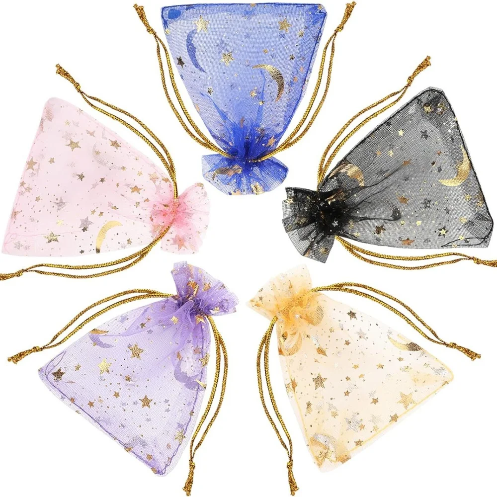 Organza Mesh Bag with Gold Foil Stars Moons Drawstring Pouch for Cosmetics Gifts Candy Wedding Favors Cosmetic Storage Bag