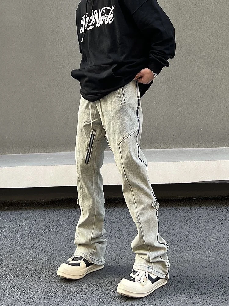 

Мужские джинсы-стринги в стиле ретро, американские, свободные, прямые, с молнией, расклешенные, длинные брюки, повседневные, весенняя мода